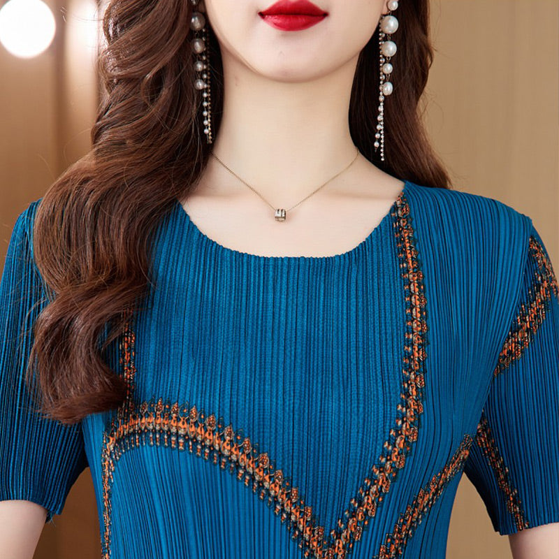Women's Round-Neck Print Pleated Long Dress