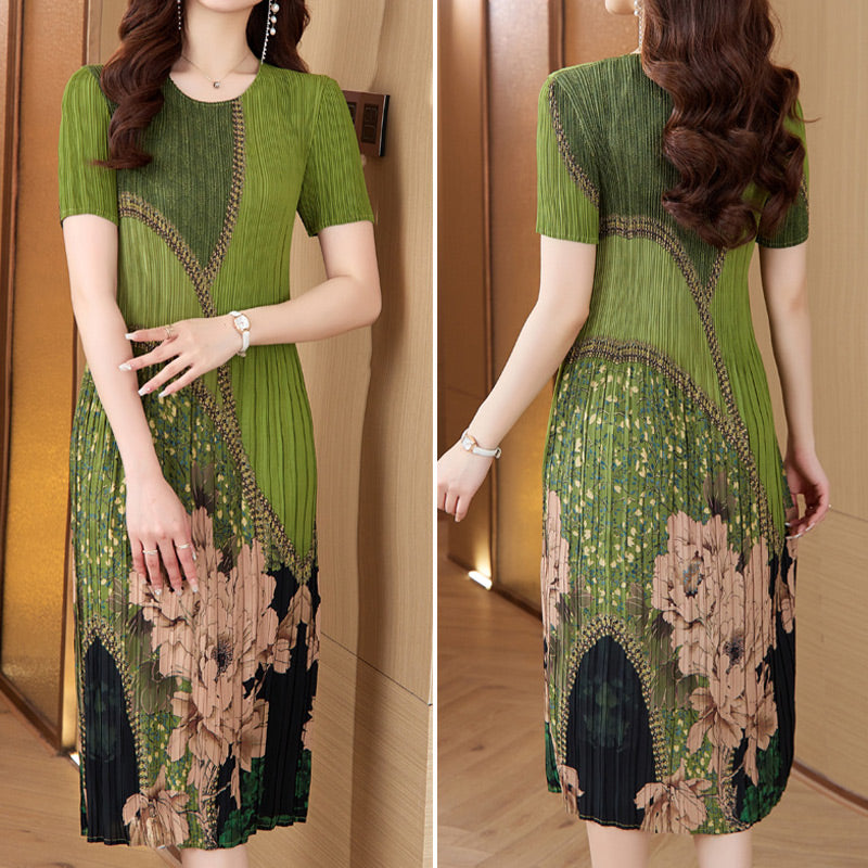 Women's Round-Neck Print Pleated Long Dress