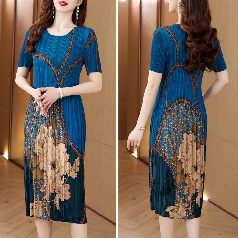 Women's Round-Neck Print Pleated Long Dress
