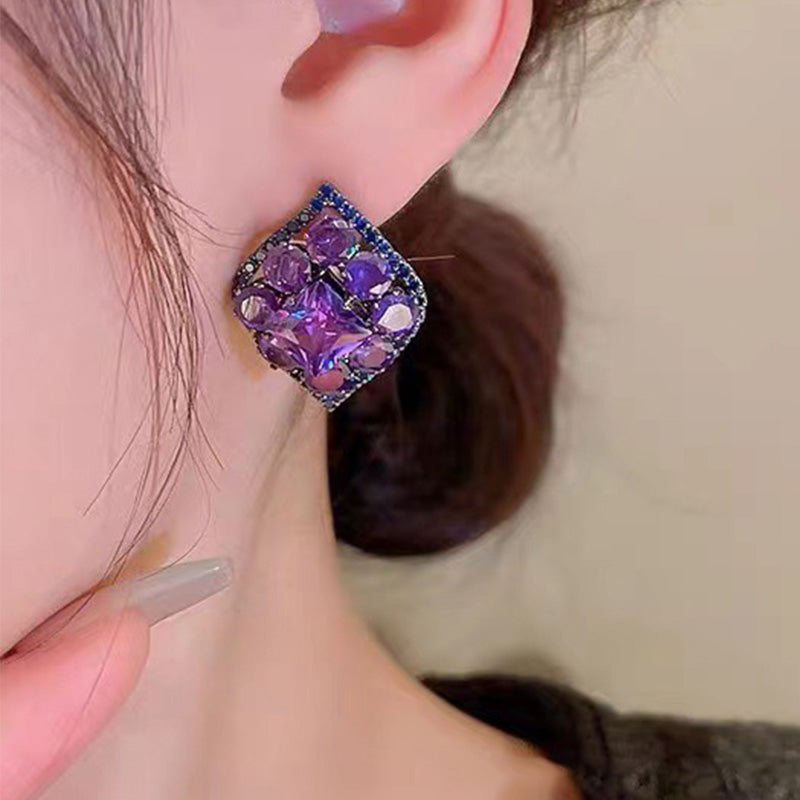 Luxury Purple Crystal Square Stud Earrings