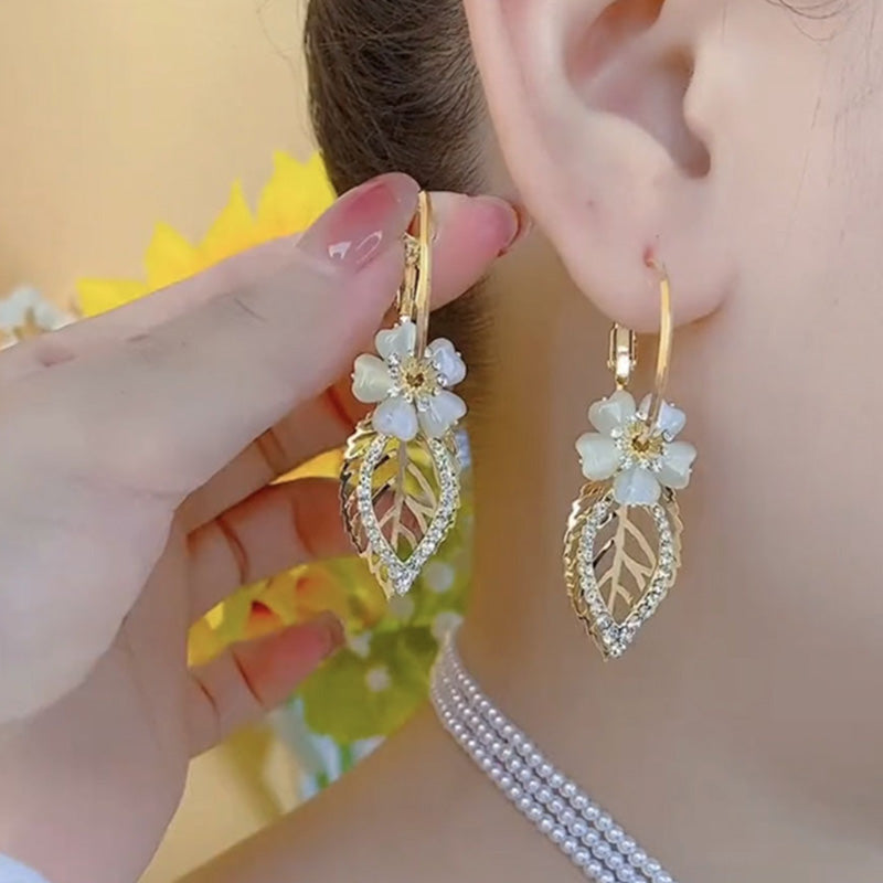 Elegant Floral Leaf Rhinestone Embellished Earrings