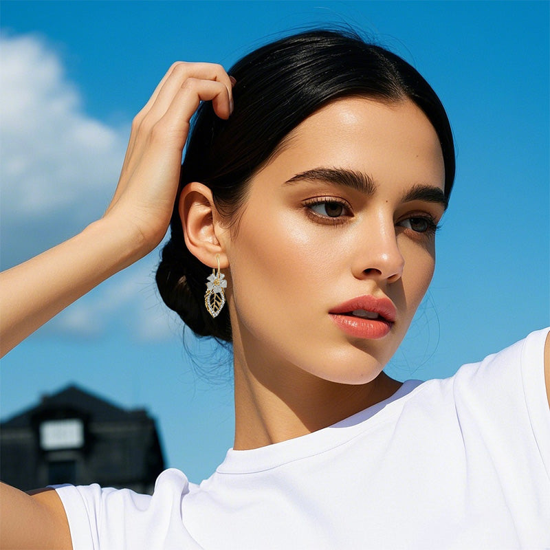 Elegant Floral Leaf Rhinestone Embellished Earrings