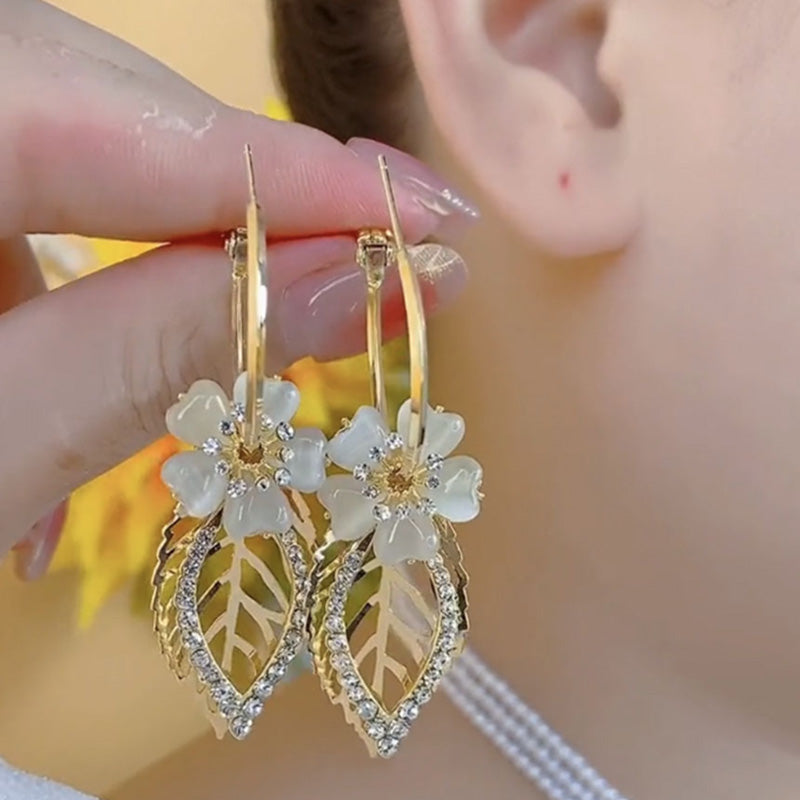 Elegant Floral Leaf Rhinestone Embellished Earrings