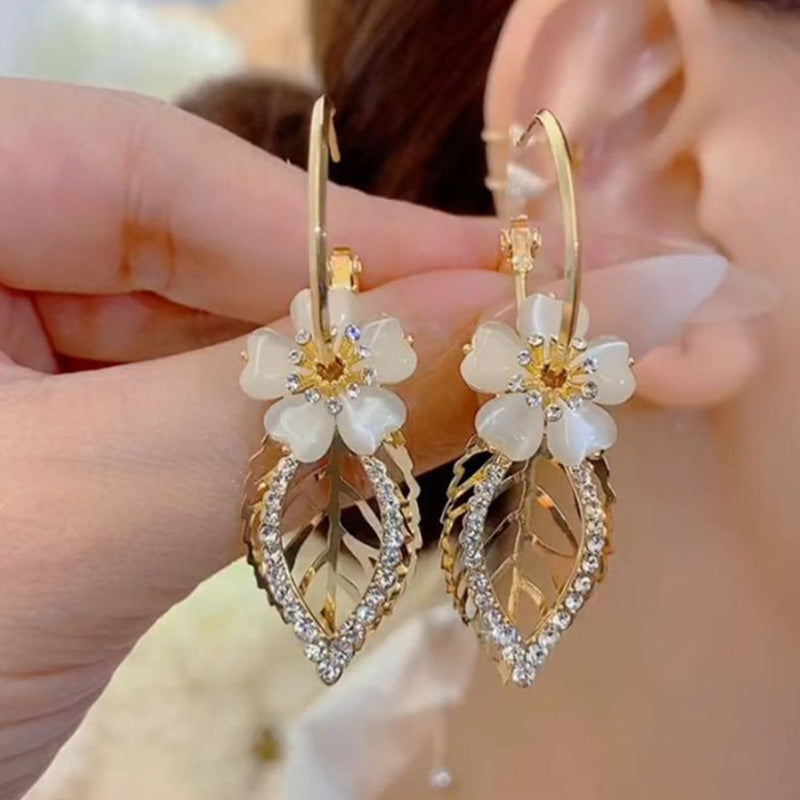Elegant Floral Leaf Rhinestone Embellished Earrings
