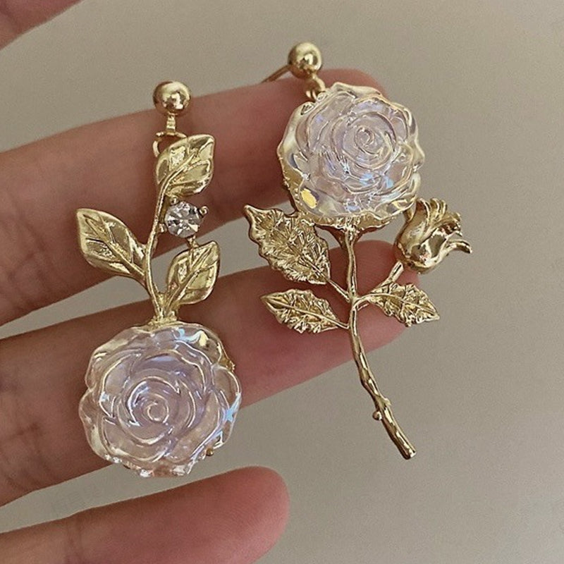 Women's Asymmetric Rose Flower Dangle Earrings