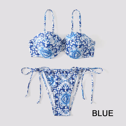 Women's Swimsuit Set with Blue and White Porcelain Print.