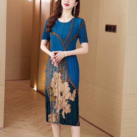 Women's Round-Neck Print Pleated Long Dress