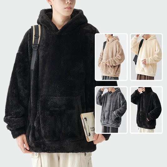 Men's Solid Color Thickened Loose Fuzzy Hooded Sweatshirt