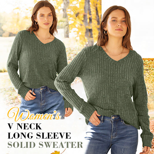 Women's V Neck Long Sleeve Solid Sweater