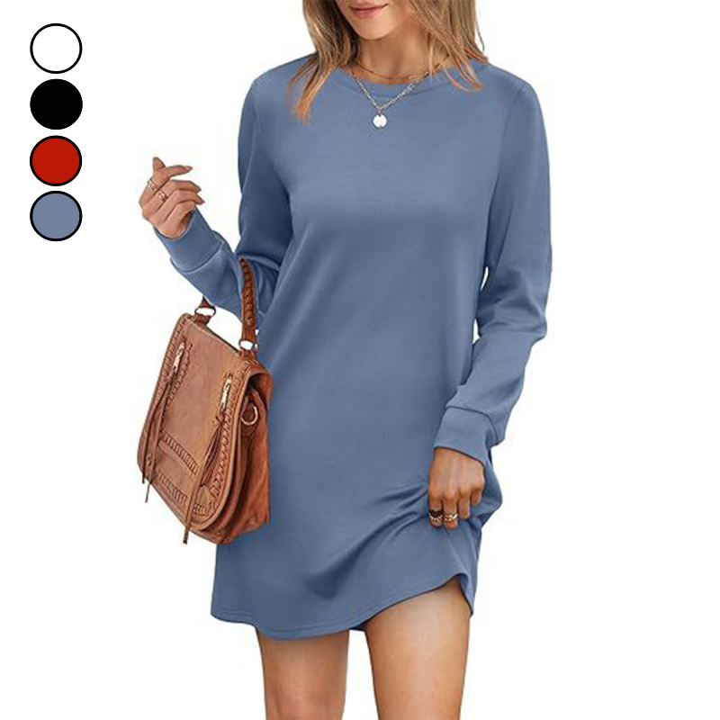 🎁✨Hot sale🔥Women’s Solid Round-Neck Long-Sleeve Dresses with Pockets