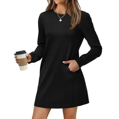 🎁✨Hot sale🔥Women’s Solid Round-Neck Long-Sleeve Dresses with Pockets