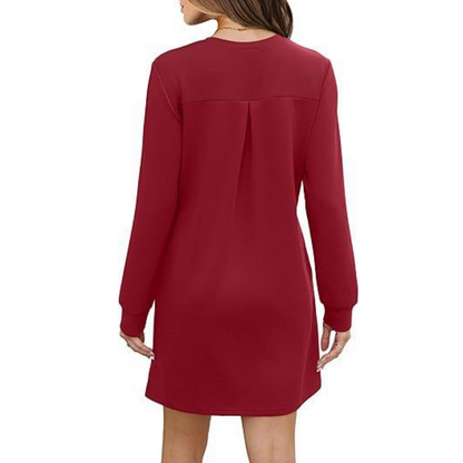 🎁✨Hot sale🔥Women’s Solid Round-Neck Long-Sleeve Dresses with Pockets