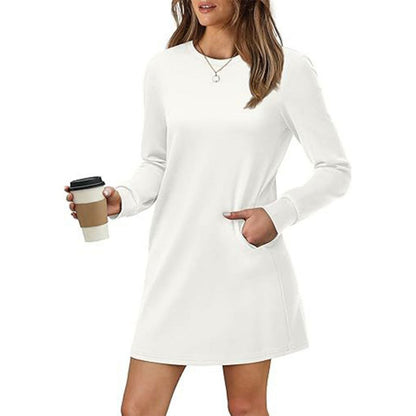 🎁✨Hot sale🔥Women’s Solid Round-Neck Long-Sleeve Dresses with Pockets