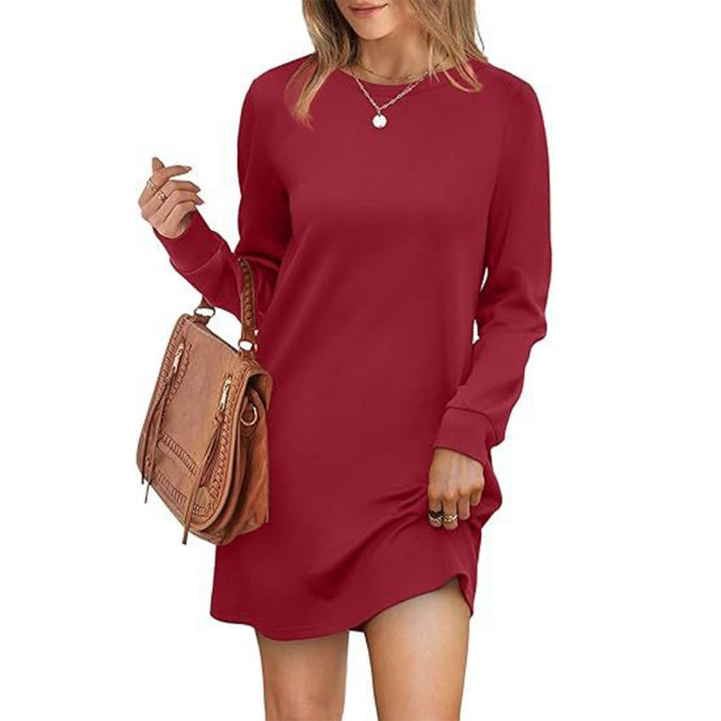 🎁✨Hot sale🔥Women’s Solid Round-Neck Long-Sleeve Dresses with Pockets