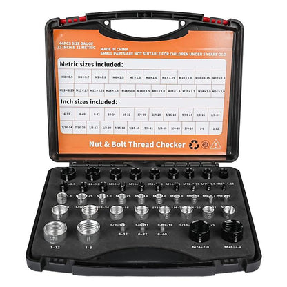 🔥44Pcs Alloy Nut and Bolt Thread Inspector, Charge-Free Thread Gauge, Metric and SAE Size Identification Tool for Inspection of Fixed Bolts or Threaded Holes