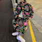 Chinese Large Flower Cotton-padded Hooded Jacket and Pants 2-piece Set