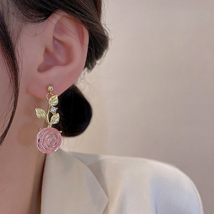 Women's Asymmetric Rose Flower Dangle Earrings