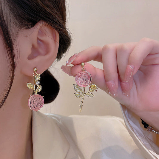 Women's Asymmetric Rose Flower Dangle Earrings
