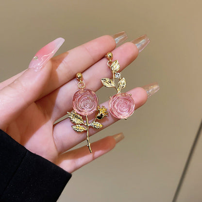 Women's Asymmetric Rose Flower Dangle Earrings