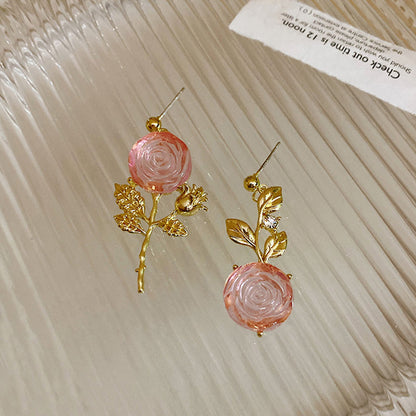 Women's Asymmetric Rose Flower Dangle Earrings