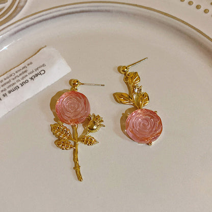 Women's Asymmetric Rose Flower Dangle Earrings